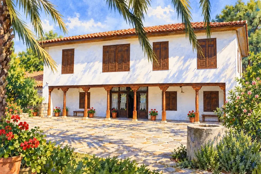 Beyaz Badanalı Eski Ege Evi Kanvas Tablo