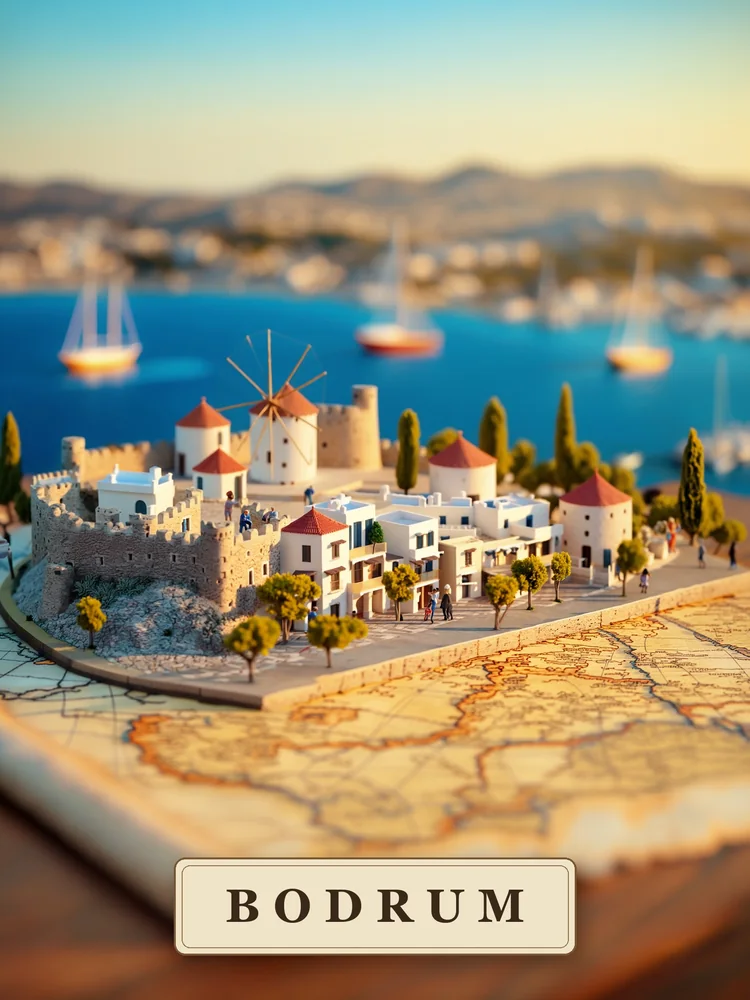 Haritadan Yükselen Bodrum Minyatürü Kanvas Tablo