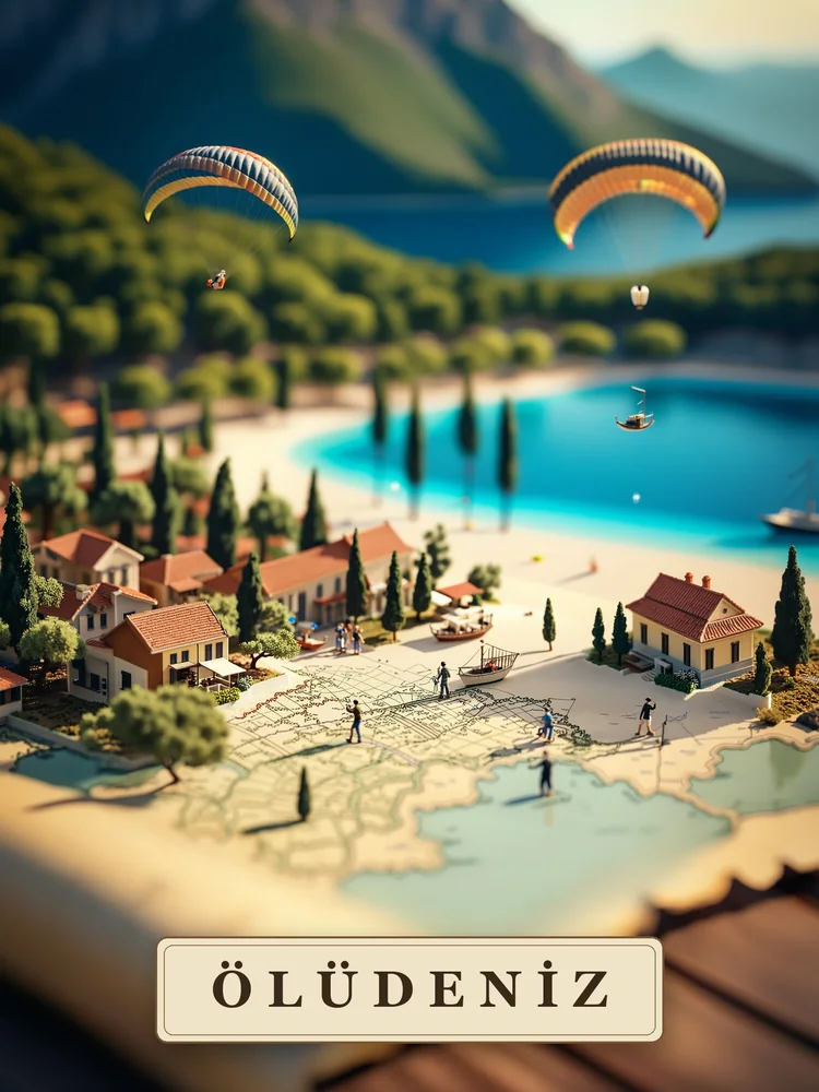 Haritadan Yükselen Muğla Ölüdeniz Minyatürü Kanvas Tablo