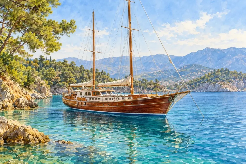 Koyda Demirli Ahşap Gulet Kanvas Tablo
