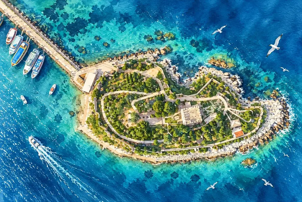 Kuşadası Güvercinada Havadan Kanvas Tablo