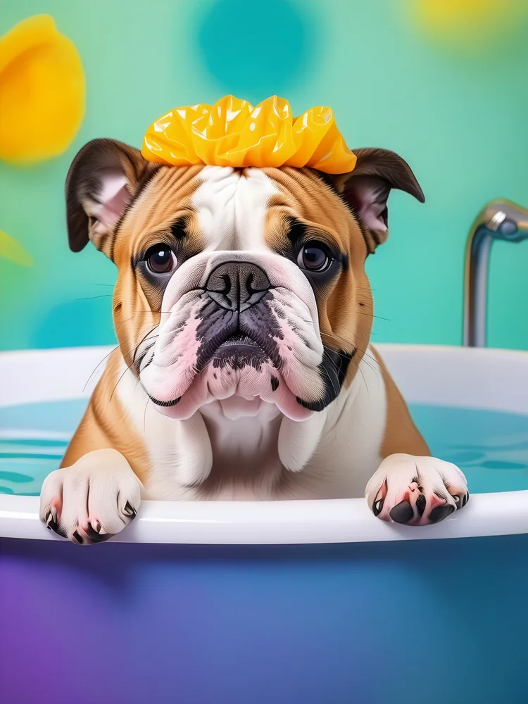 Çiçekli Boneyle Banyoda Bulldog Kanvas Tablo