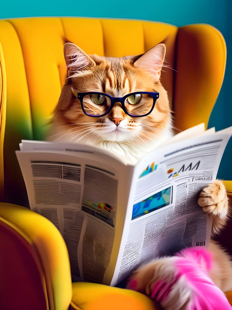 Gözlüklü Gazete Okuyan Kedi Kanvas Tablo