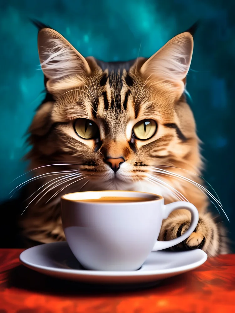 Kahve İçen Kedi Kanvas Tablo