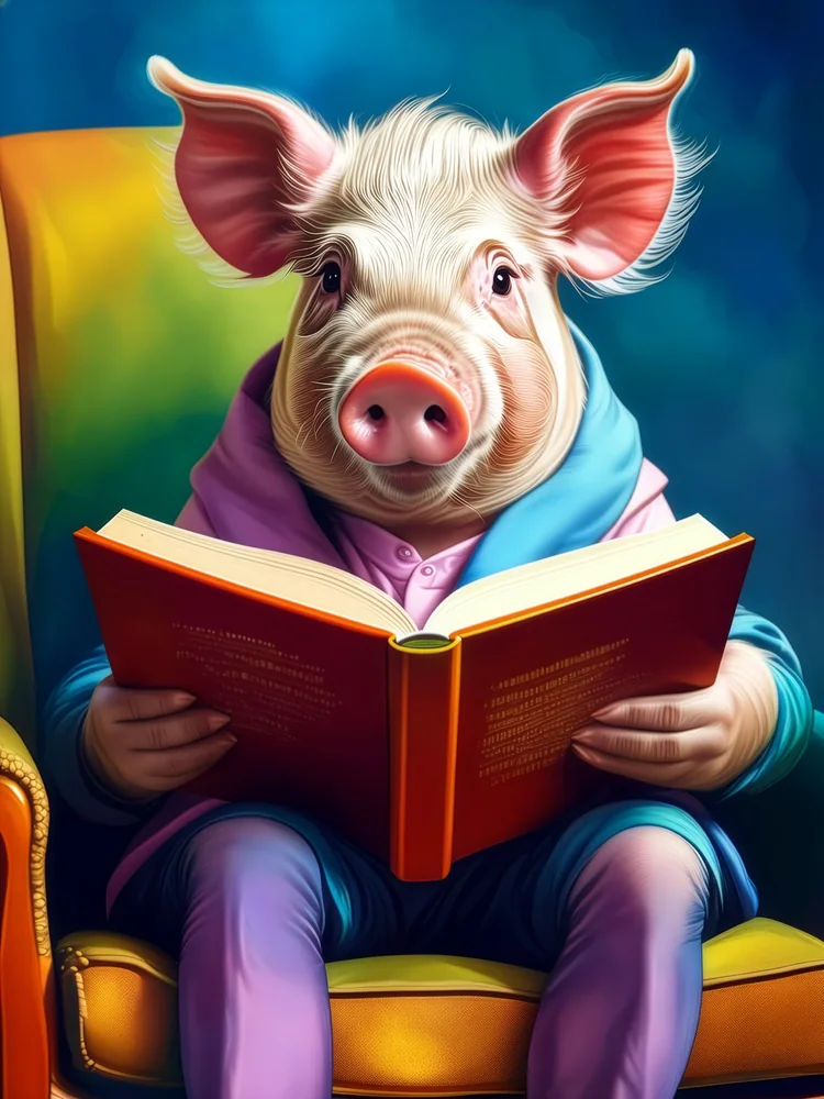 Kitap Okuyan Domuz Kanvas Tablo