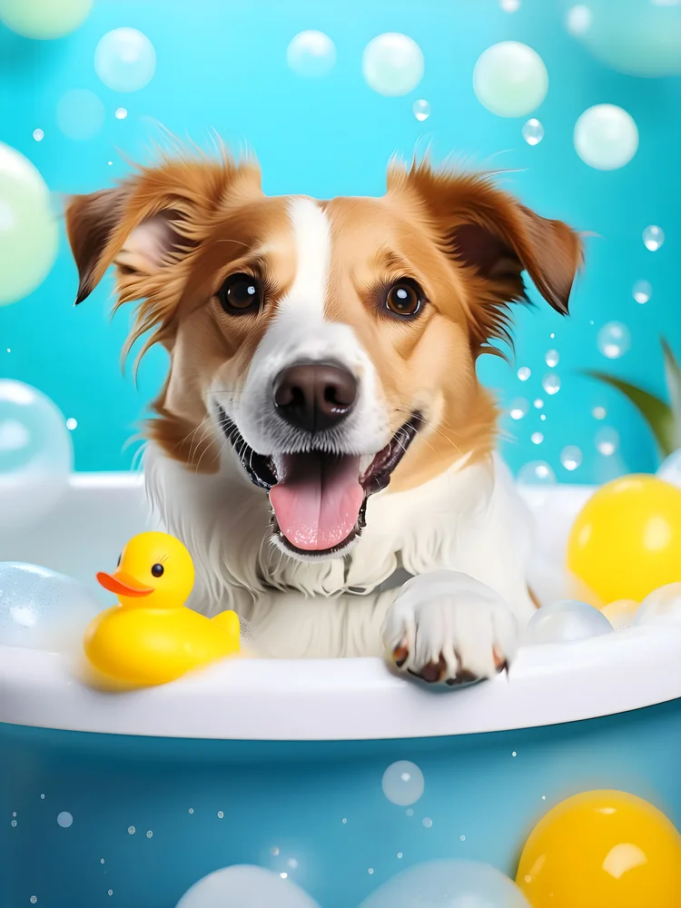 Köpük Banyosunda Mutlu Köpek Kanvas Tablo