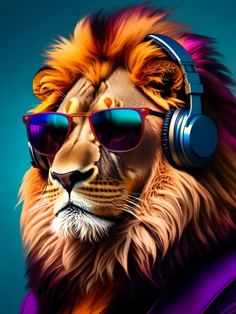 Kulaklıkla Müzik Dinleyen Aslan Kanvas Tablo