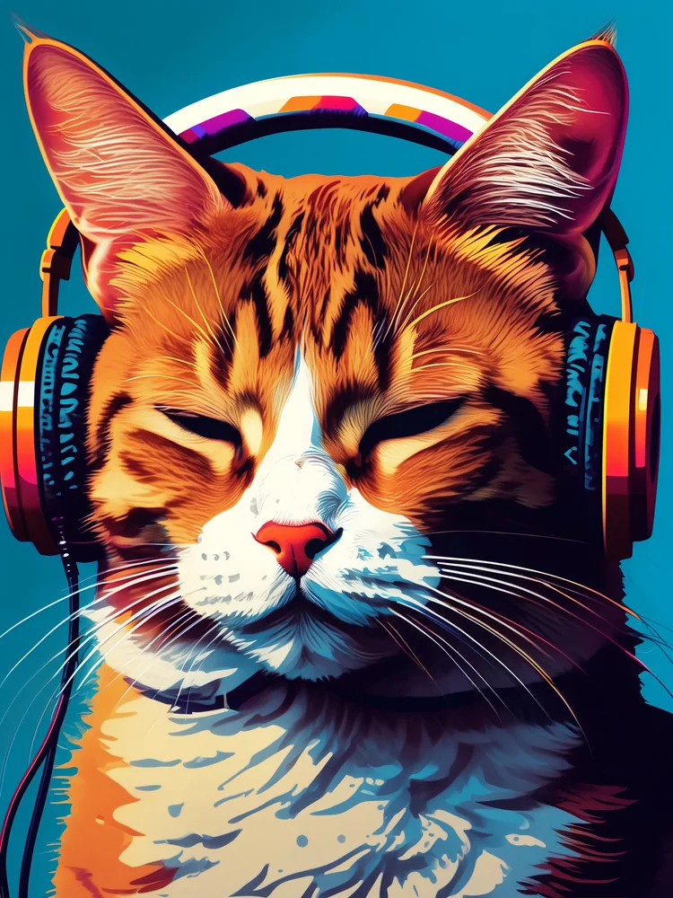 Kulaklıkla Müzik Dinleyen Kedi Kanvas Tablo