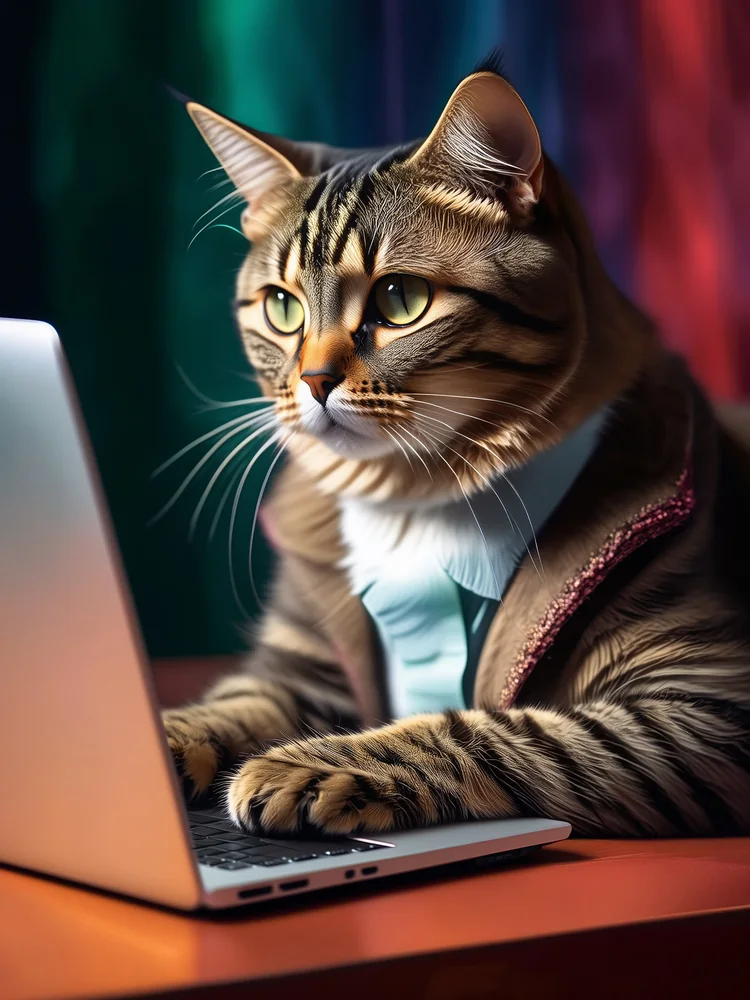 Masa Başı Çalışan Kedi Kanvas Tablo