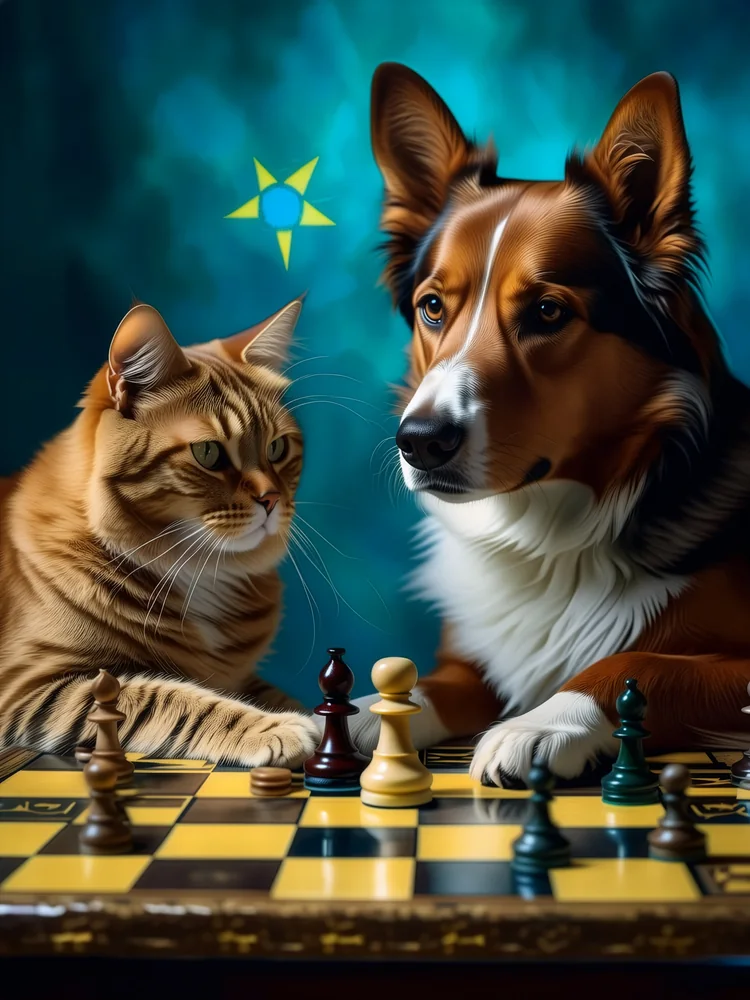 Satranç Oynayan Kedi ve Köpek Kanvas Tablo