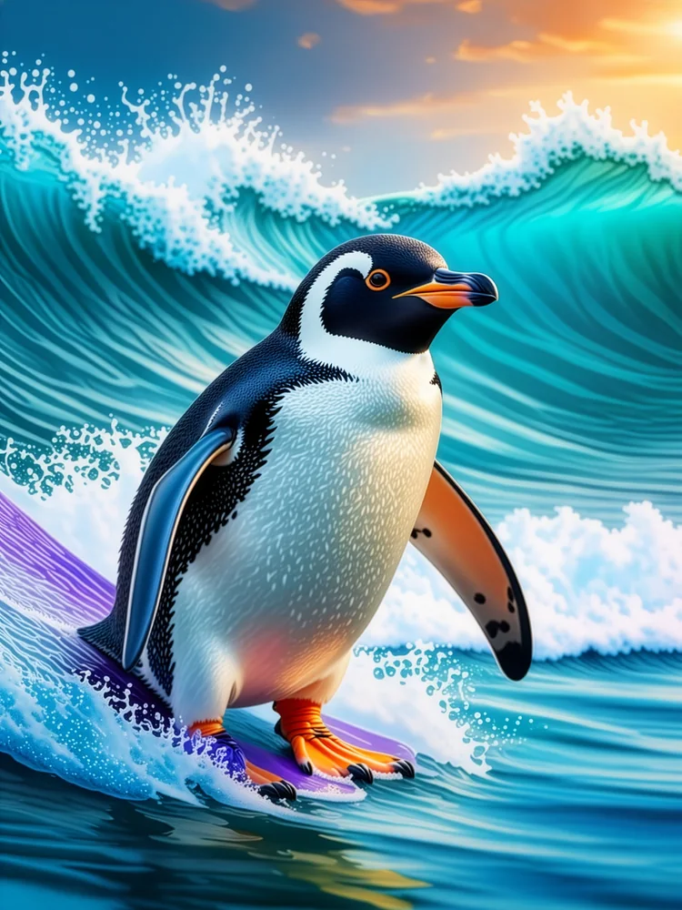 Sörf Yapan Penguen Kanvas Tablo