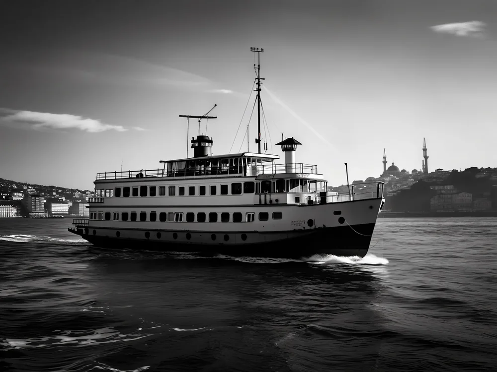Siyah Beyaz Boğaz Vapuru Kanvas Tablo