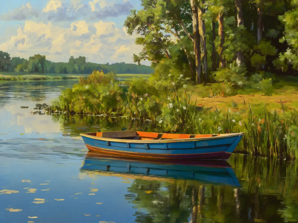 Nehirde Ressam Teknesi Kanvas Tablo
