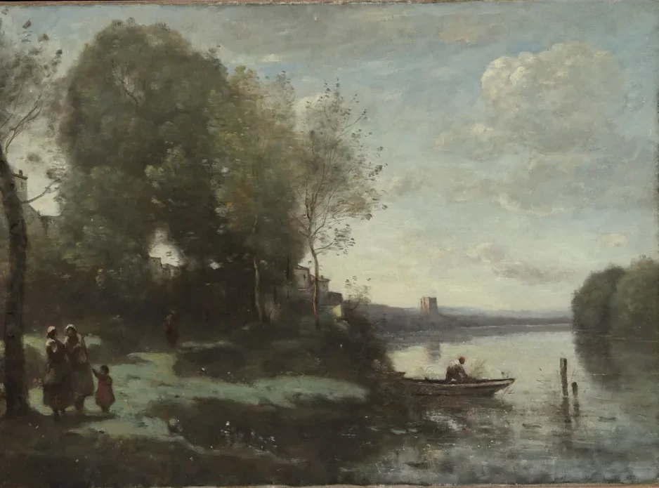 Camille Corot Uzakta Kuleli Nehir Kanvas Tablo