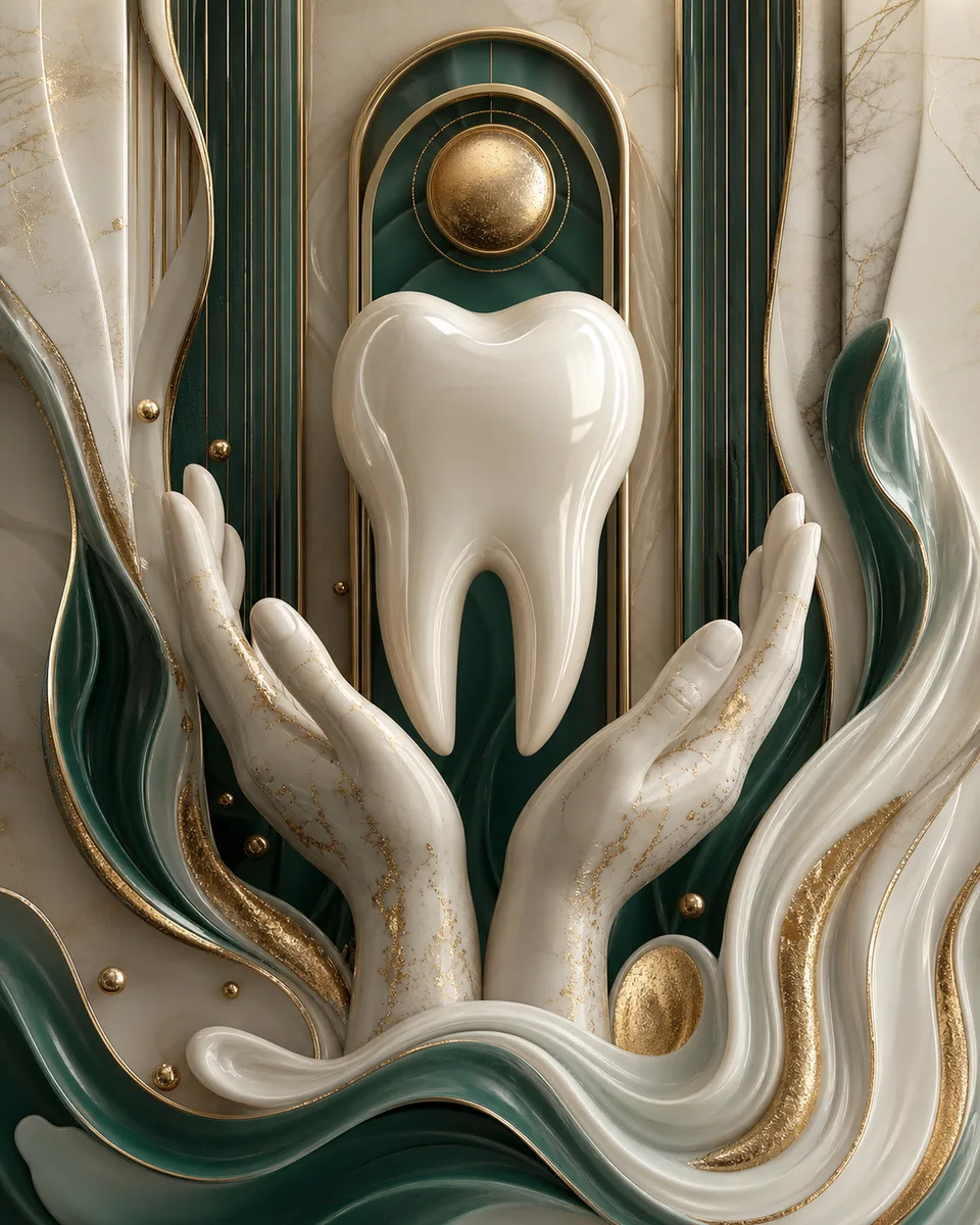 Diş Kliniği Tablosu Yeşil Art Deco Zeminde Diş Sağlığı Kanvas Tablo