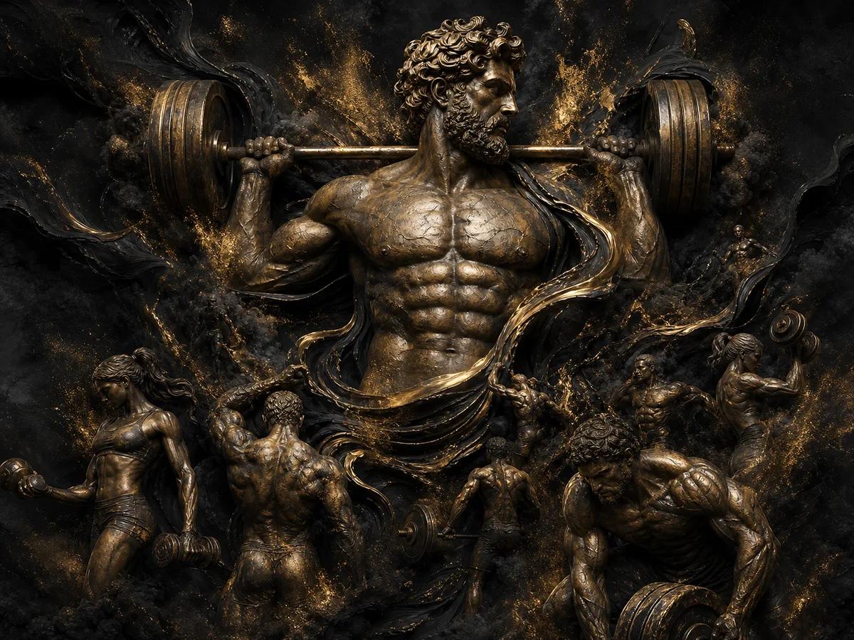 Fitness Salonu Tablosu Siyah Altın Halterli Atlet Heykeli Kanvas Tablo