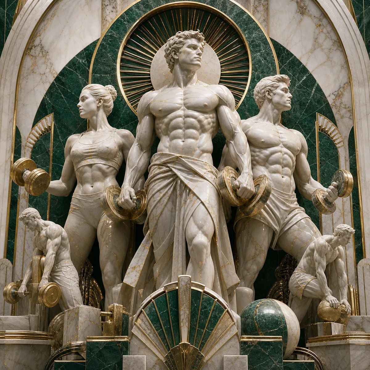 Fitness Salonu Tablosu Zümrüt Art Deco Antik Atlet Üçlüsü Kanvas Tablo