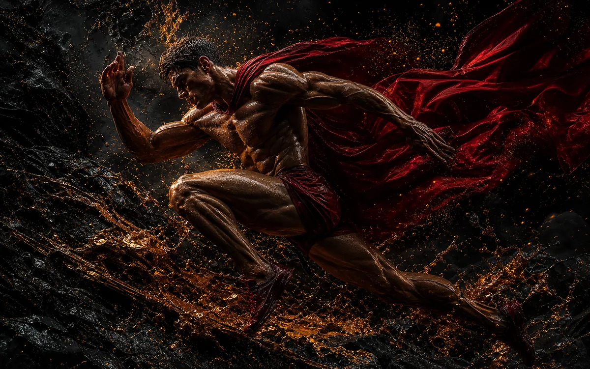 Fitness Salonu Tablosu Kırmızı Pelerinli Bronz Sprinter Kanvas Tablo