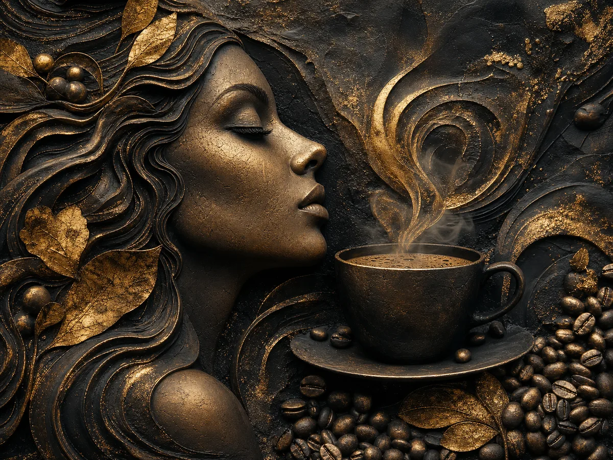 Kafe Tablosu Altın Buharlı Kahve ve Kadın Portresi Kanvas Tablo