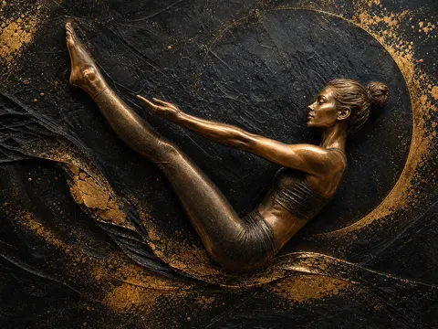 Pilates Stüdyosu Tablosu Siyah Altın Zeminde Bronz Denge Duruşu Kanvas Tablo
