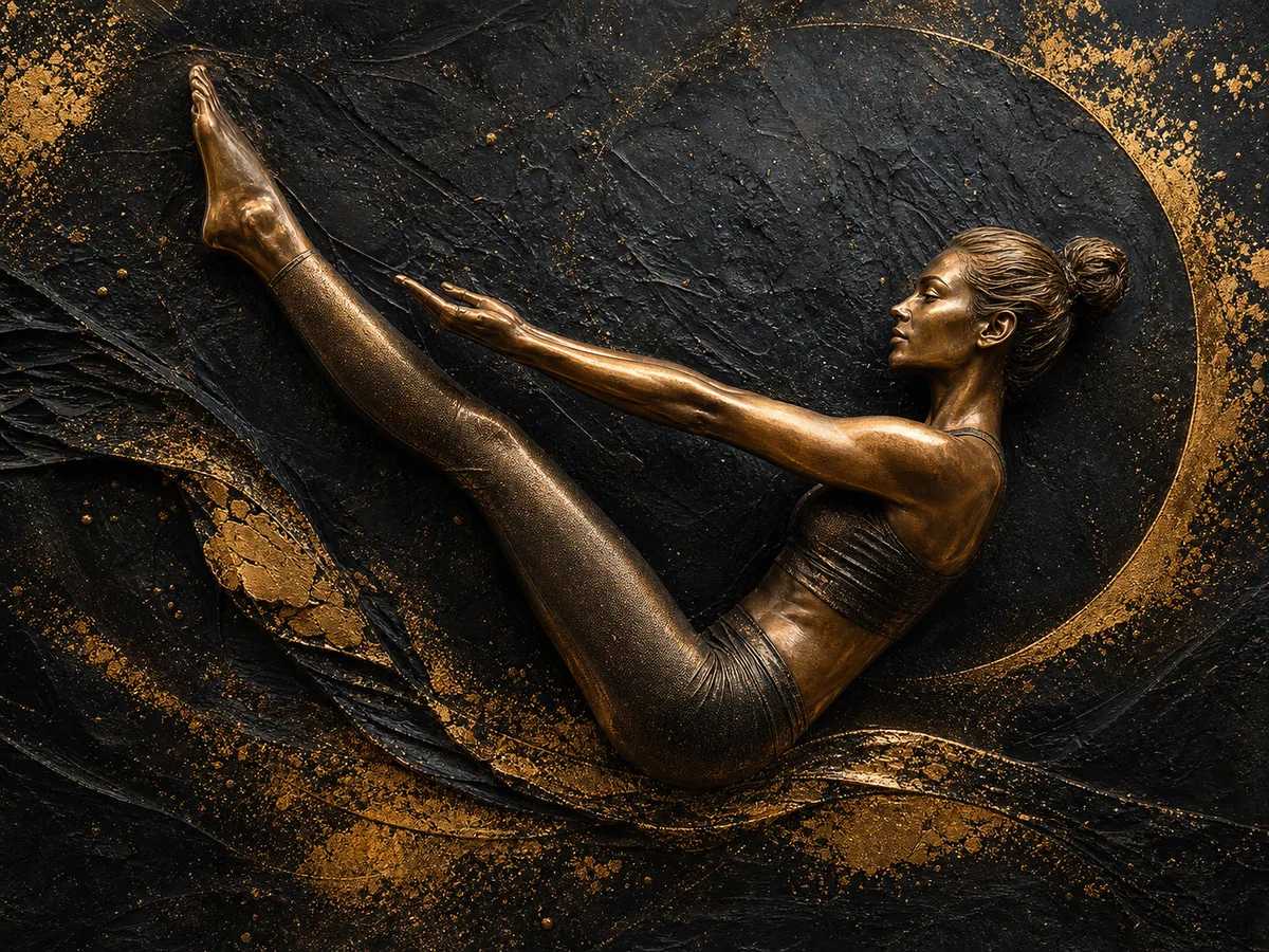 Pilates Stüdyosu Tablosu Siyah Altın Zeminde Bronz Denge Duruşu Kanvas Tablo