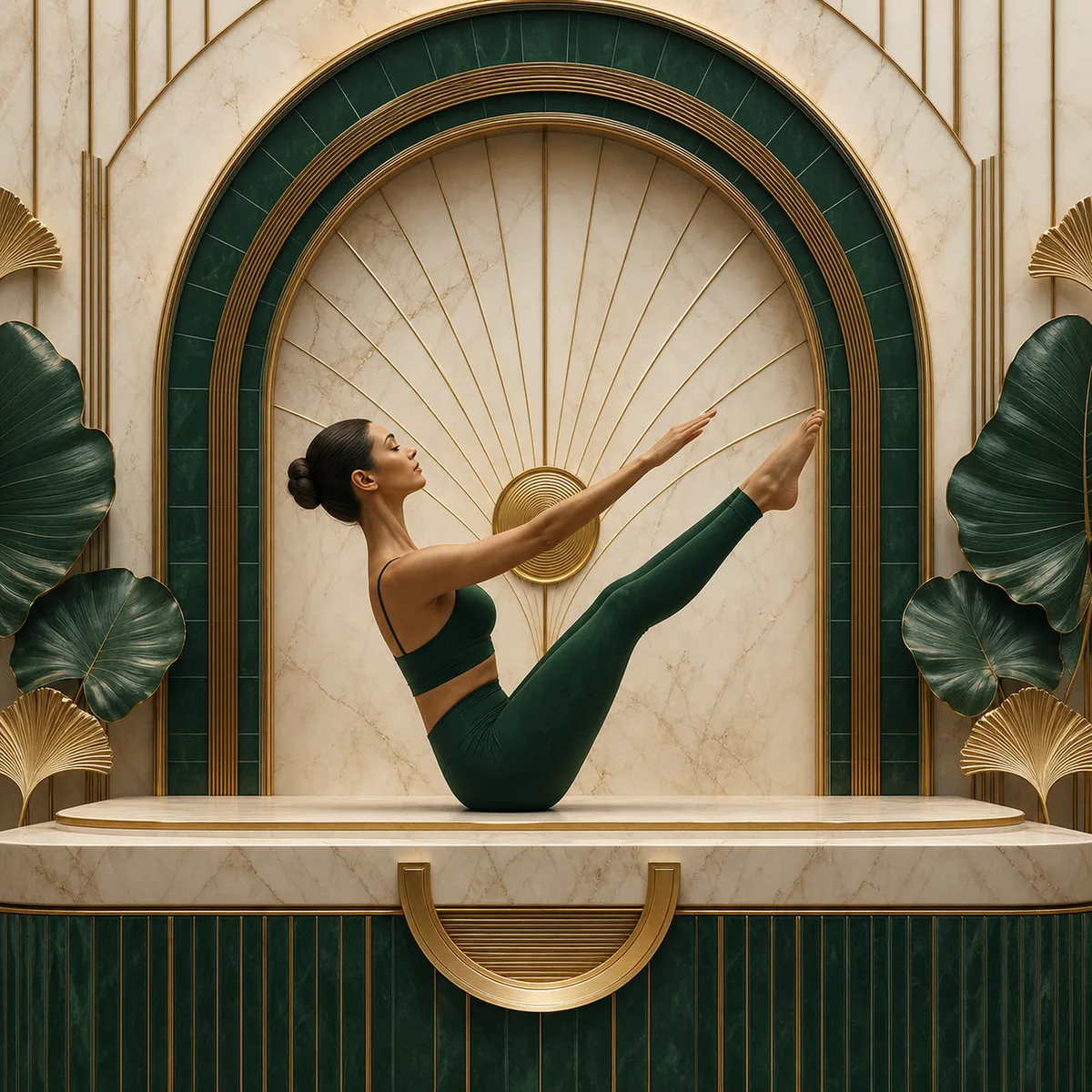 Pilates Stüdyosu Tablosu Zümrüt Kemerli Yeşil Mayolu Kadın Kanvas Tablo