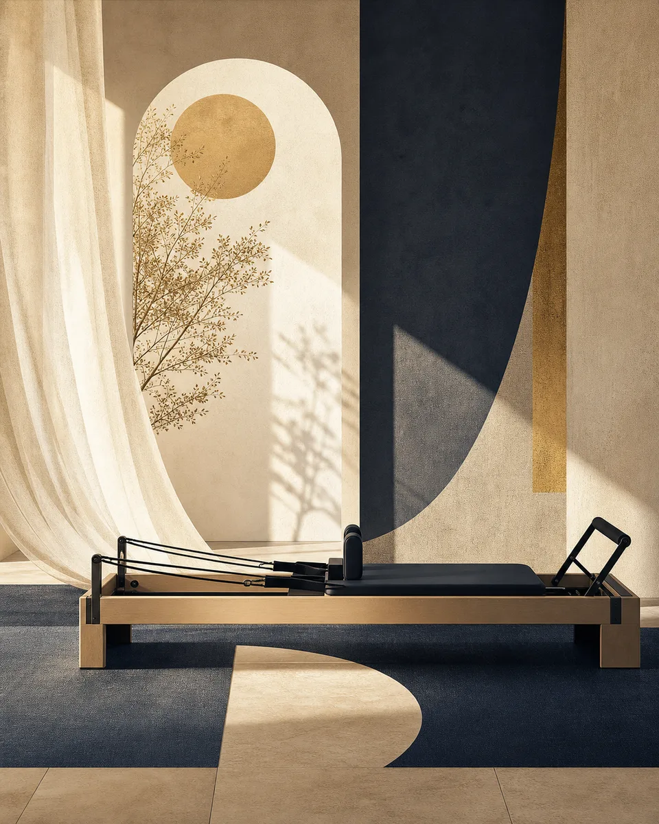 Pilates Stüdyosu Tablosu Altın Ay ve Minimal Reformer Kanvas Tablo