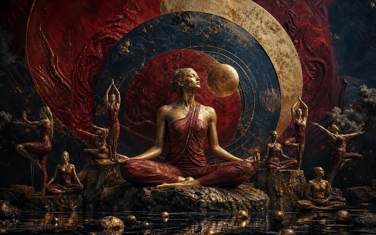 Yoga Stüdyosu Tablosu Kırmızı Bordo Zeminde Meditasyon Kanvas Tablo