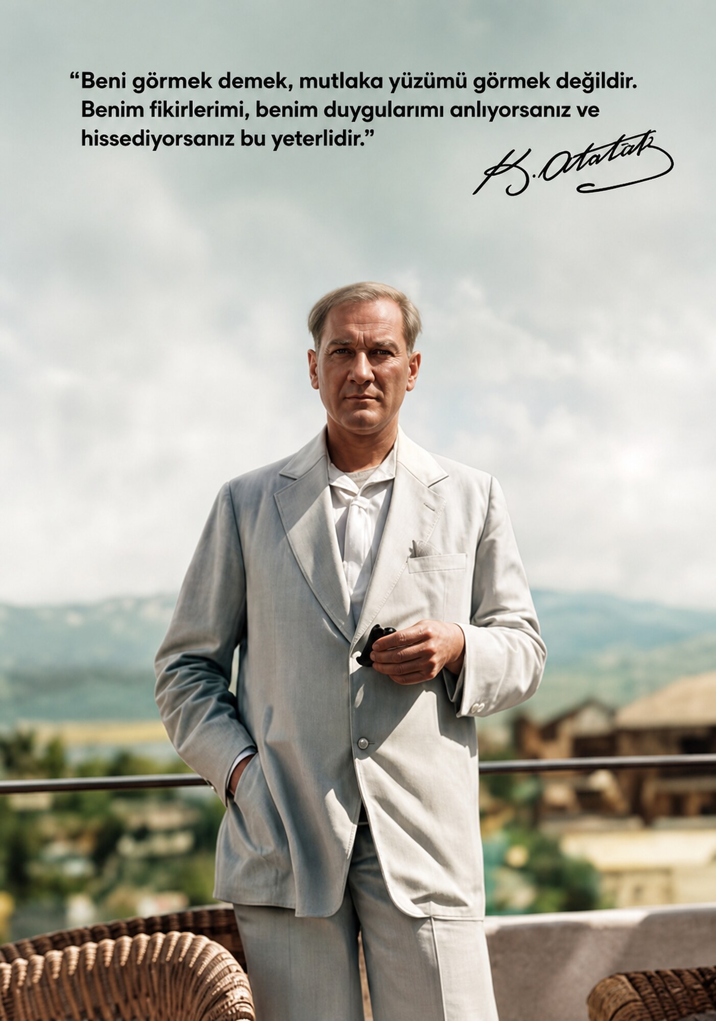 Atatürk Beyaz Takım Elbise Portre Kanvas Tablo