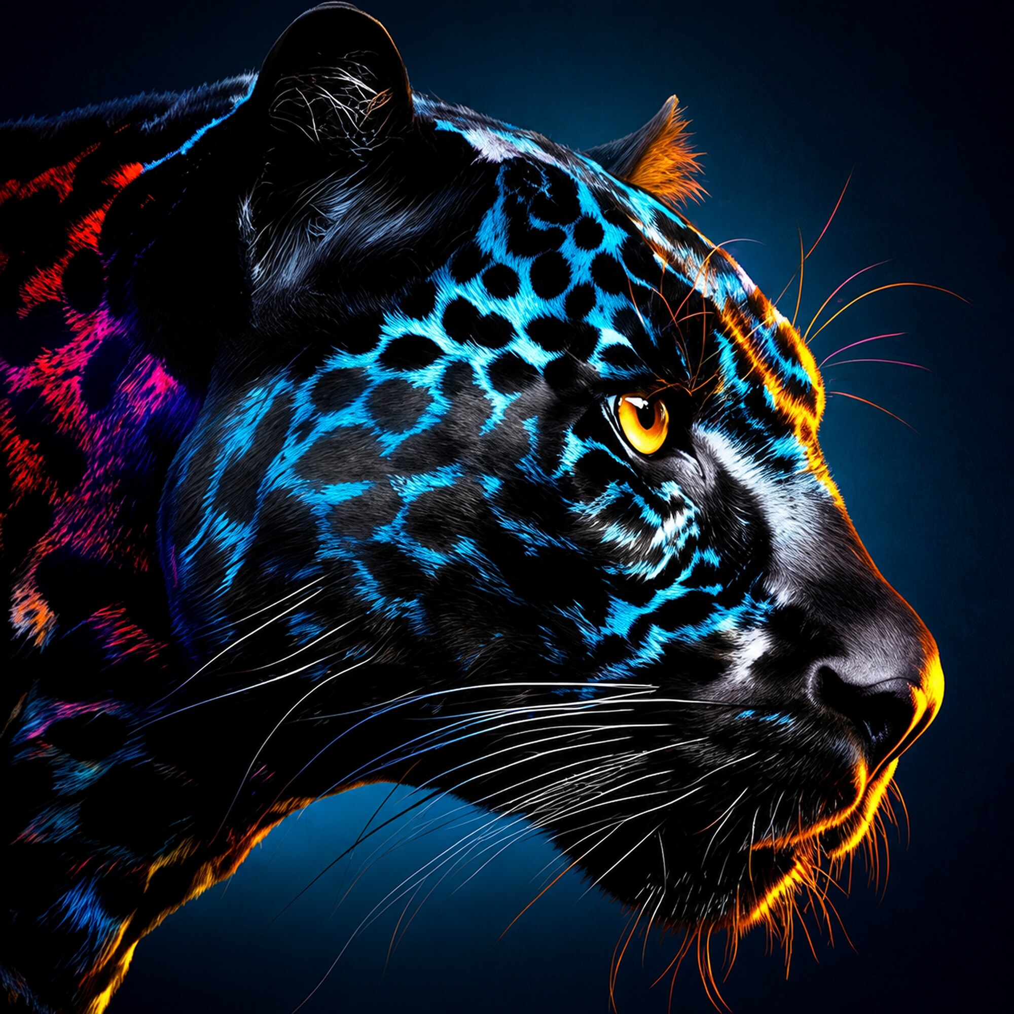 Neon Işıklı Siyah Panter Profil Kanvas Tablo