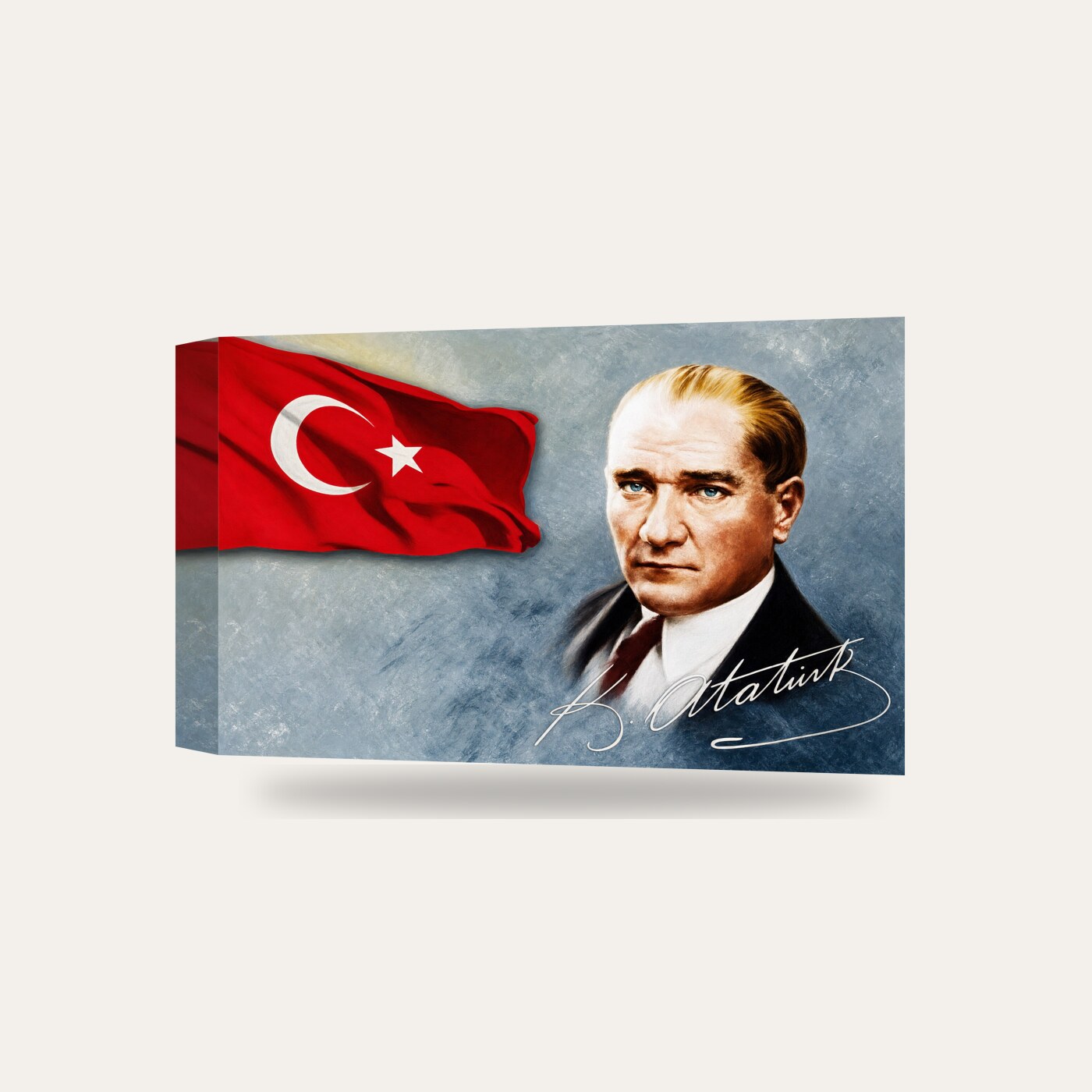 Atatürk Portresi Türk Bayrağı ve İmzalı Kanvas Tablo — 3 boyutlu görünüm