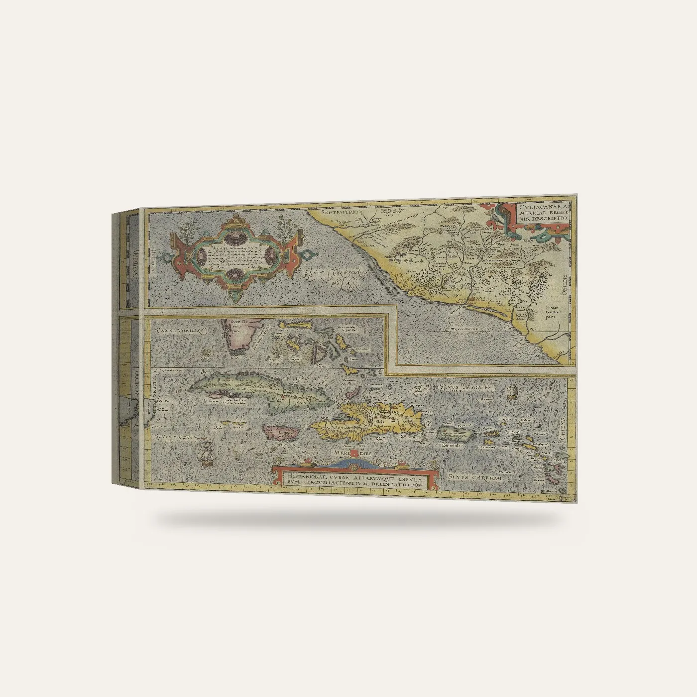 Abraham Ortelius Küba ve Karayipler Haritası Kanvas Tablo — 3 boyutlu görünüm