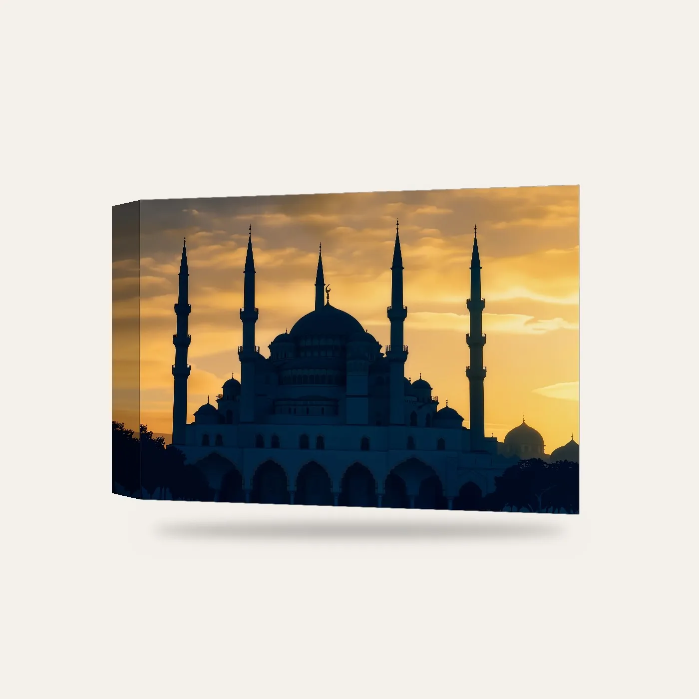 Altın Detaylı Gün Batımında Cami Kanvas Tablo — 3 boyutlu görünüm