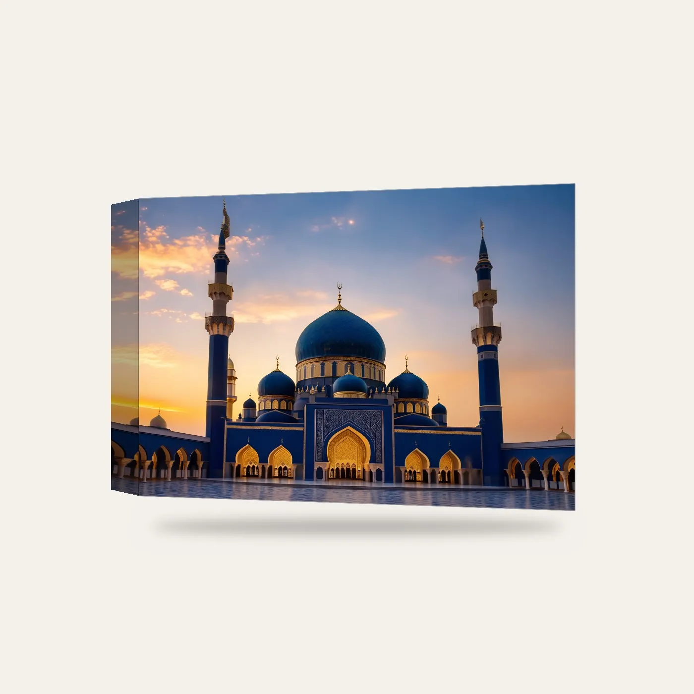 Altın Detaylı Mavi Cami Kanvas Tablo — 3 boyutlu görünüm
