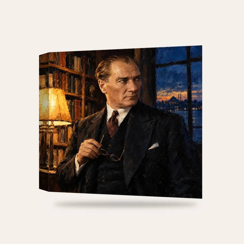 Atatürk Gece Lamba Işığında Kütüphanede Kanvas Tablo — 3 boyutlu görünüm