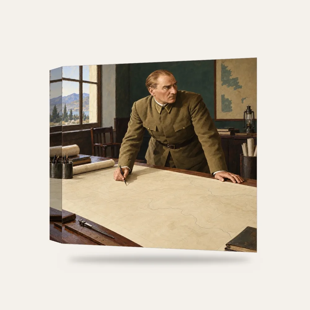 Atatürk Harita Üzerinde Çalışırken Kanvas Tablo — 3 boyutlu görünüm