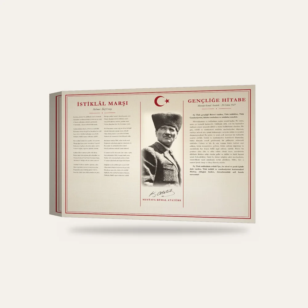Krem Keten Zeminli Kalpaklı Atatürk İstiklâl Marşı ve Gençliğe Hitabe Makam Panosu — 3 boyutlu görünüm