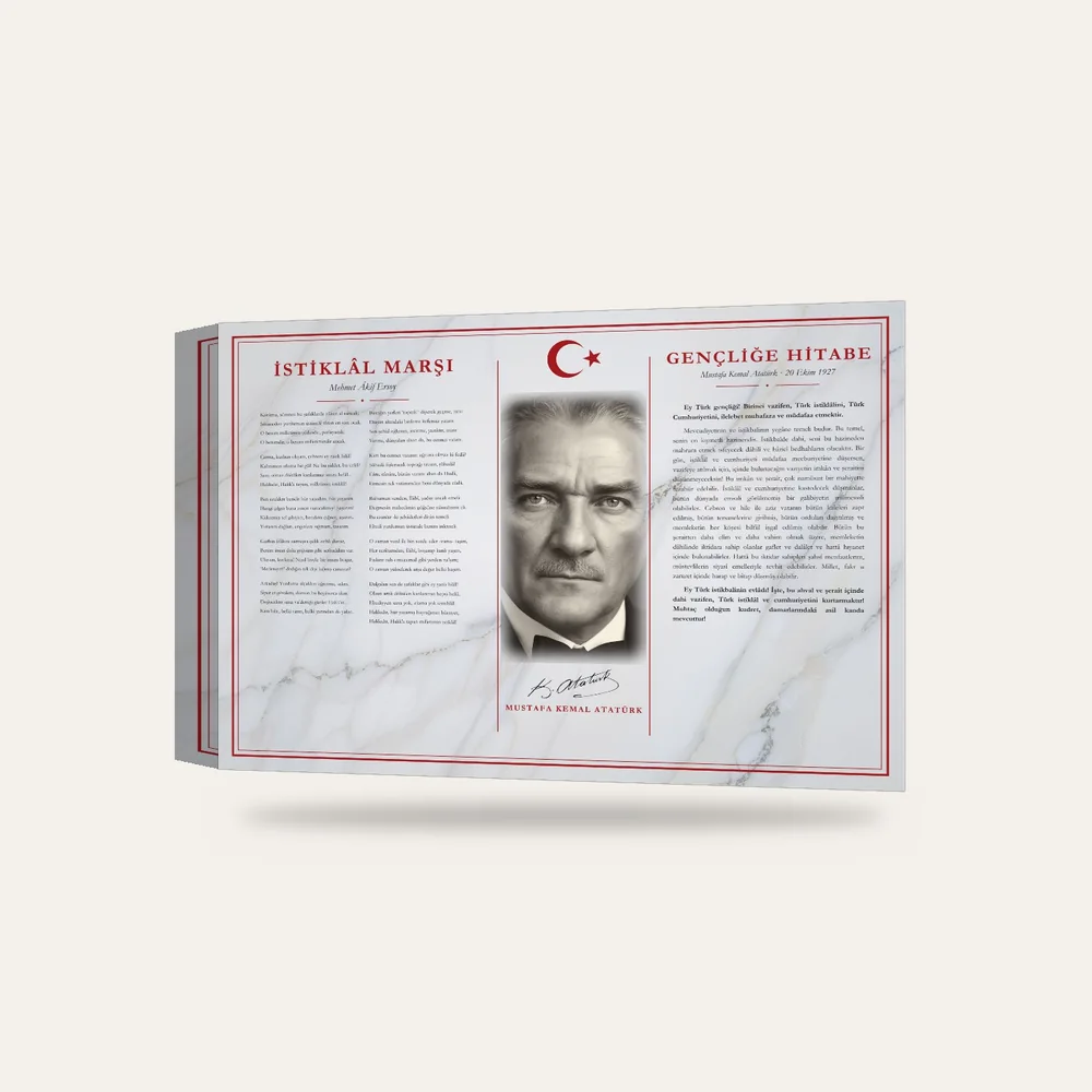 Beyaz Mermer Zeminli Atatürk Portreli İstiklâl Marşı ve Gençliğe Hitabe Makam Panosu — 3 boyutlu görünüm