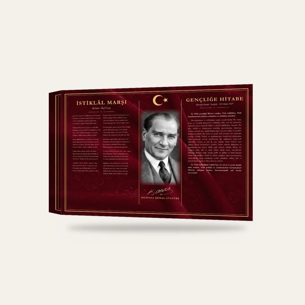 Bordo Kadife Zeminli Gülümseyen Atatürk İstiklâl Marşı ve Gençliğe Hitabe Makam Panosu — 3 boyutlu görünüm