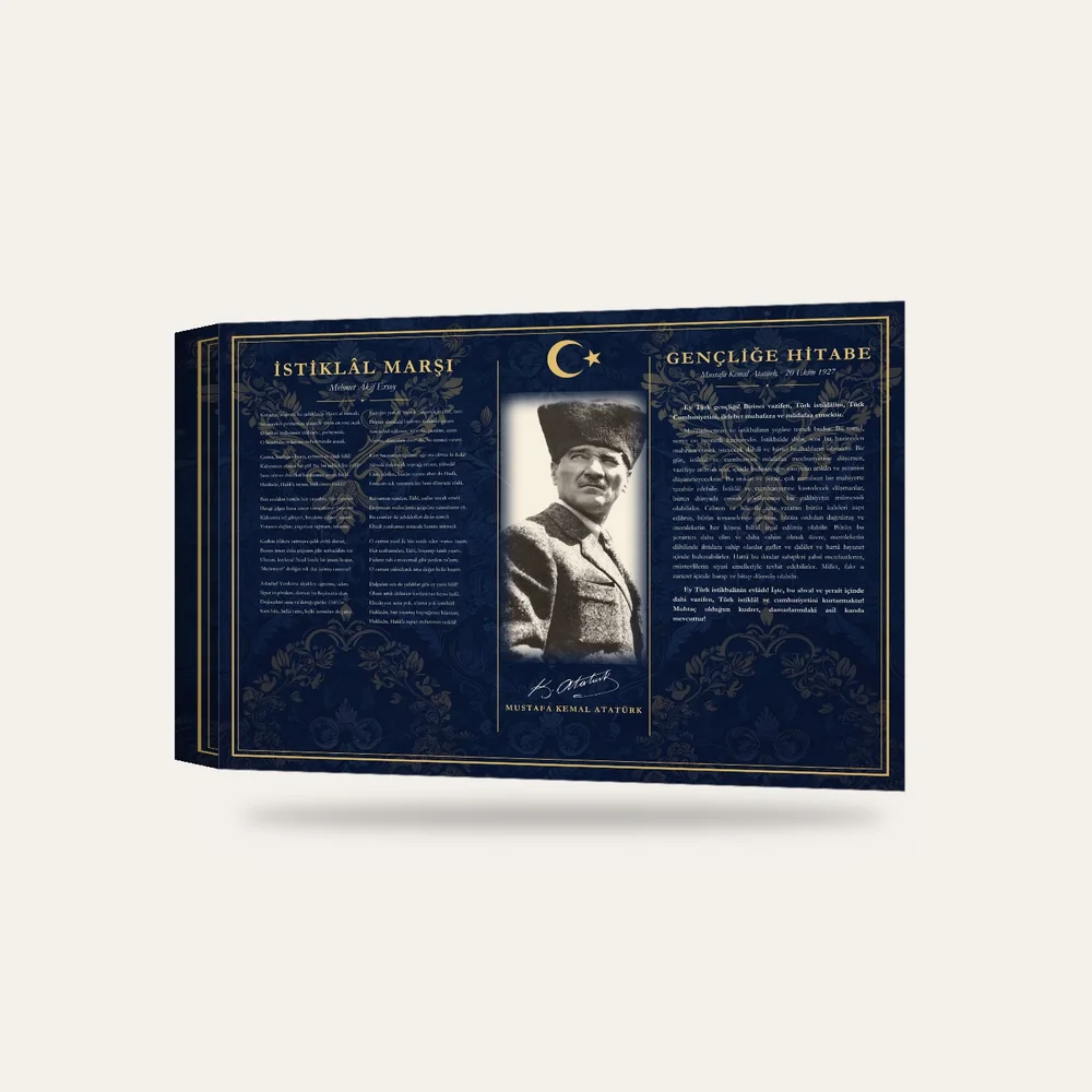 Lacivert Damask Zeminli Kalpaklı Atatürk İstiklâl Marşı ve Gençliğe Hitabe Makam Panosu — 3 boyutlu görünüm