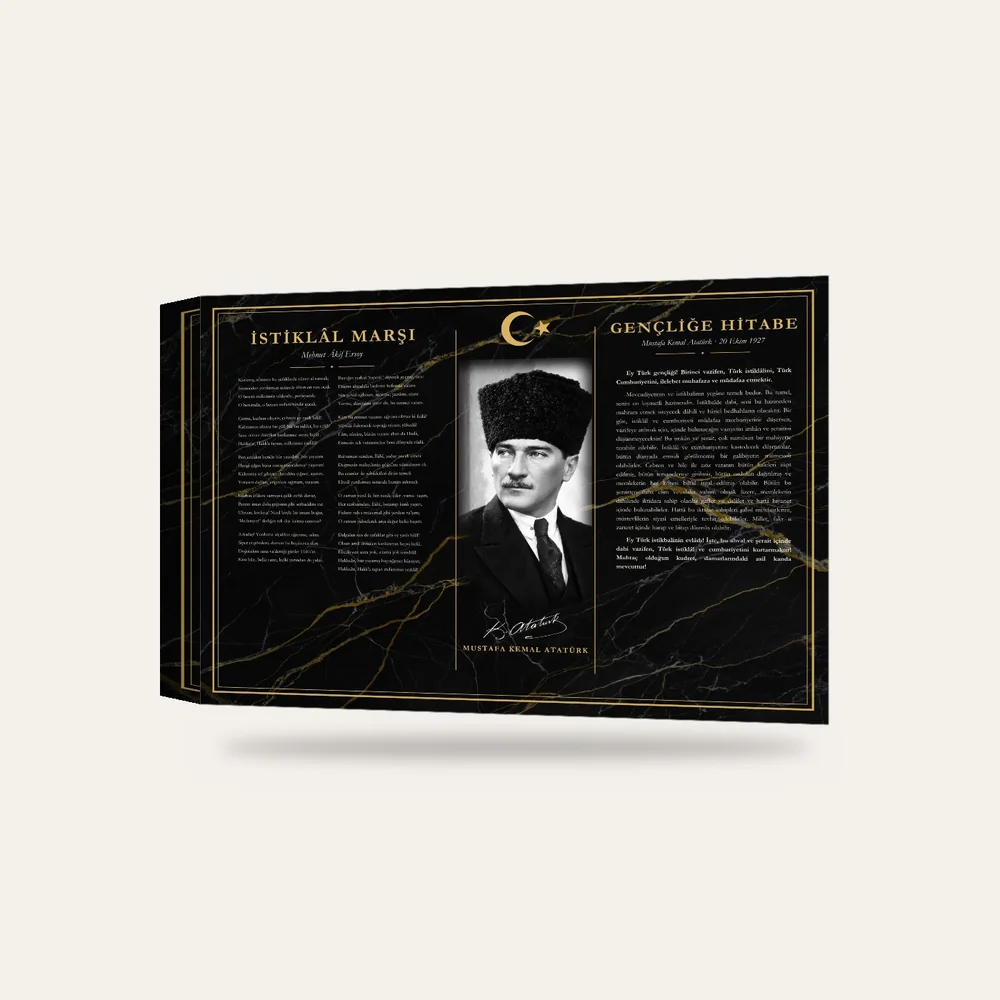 Siyah Mermer Zeminli Yağlı Boya Kalpaklı Atatürk İstiklâl Marşı ve Gençliğe Hitabe Makam Panosu — 3 boyutlu görünüm