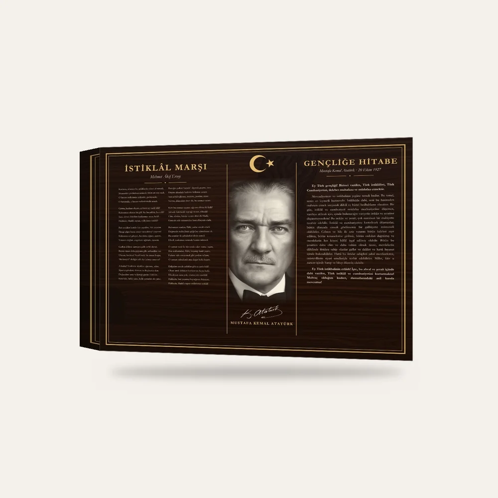 Ceviz Zeminli Atatürk Portreli İstiklâl Marşı ve Gençliğe Hitabe Makam Panosu — 3 boyutlu görünüm