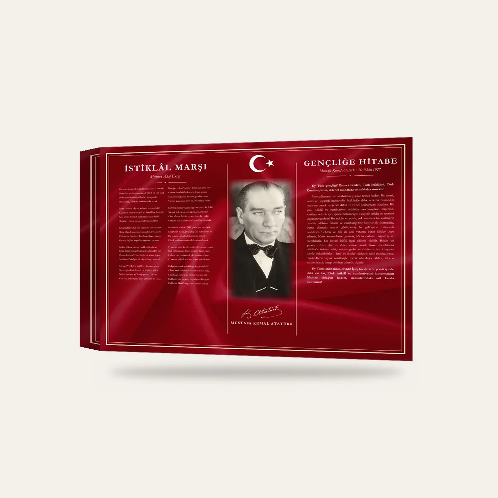 Al Bayrak Kırmızısı Zeminli Papyonlu Atatürk İstiklâl Marşı ve Gençliğe Hitabe Makam Panosu — 3 boyutlu görünüm
