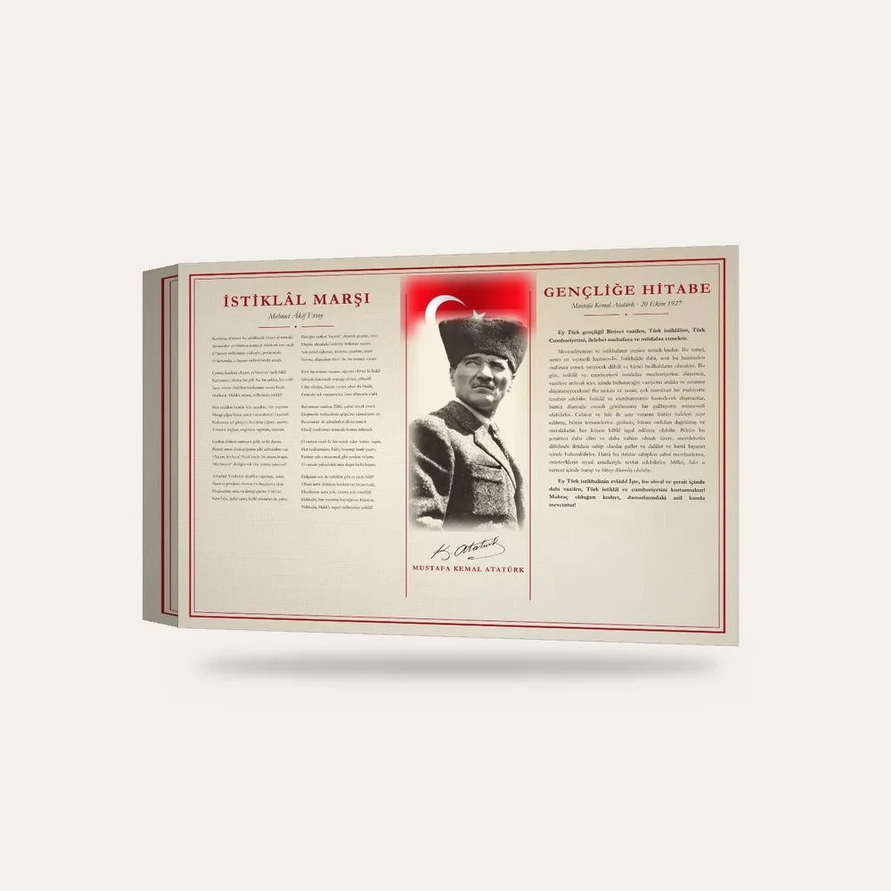 Krem Keten Zeminli Kalpaklı Atatürk Bayraklı İstiklâl Marşı ve Gençliğe Hitabe Makam Panosu — 3 boyutlu görünüm