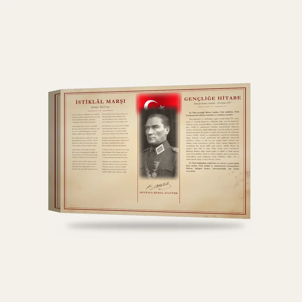 Parşömen Zeminli Üniformalı Atatürk Bayraklı İstiklâl Marşı ve Gençliğe Hitabe Makam Panosu — 3 boyutlu görünüm