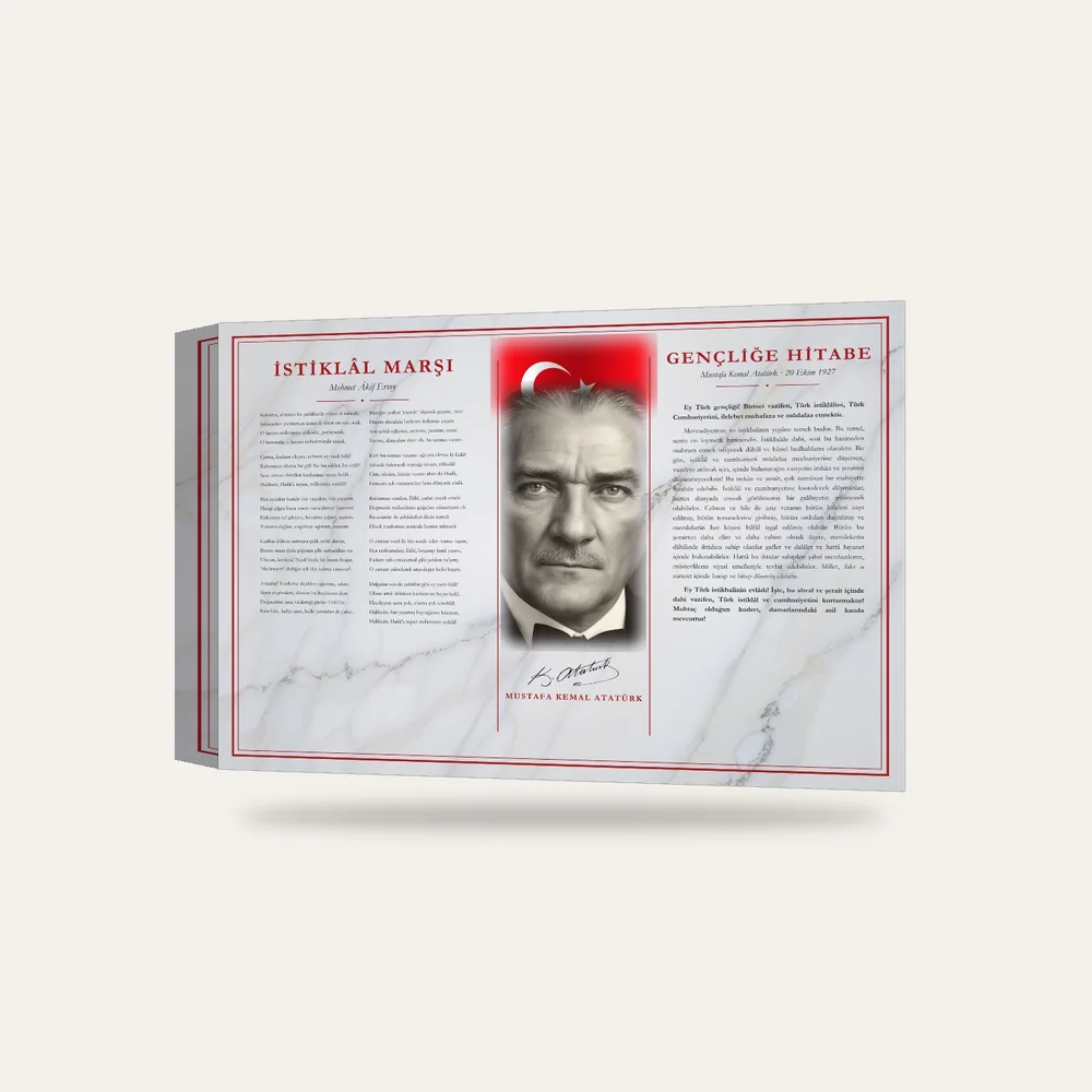 Beyaz Mermer Zeminli Atatürk Portreli Bayraklı İstiklâl Marşı ve Gençliğe Hitabe Makam Panosu — 3 boyutlu görünüm