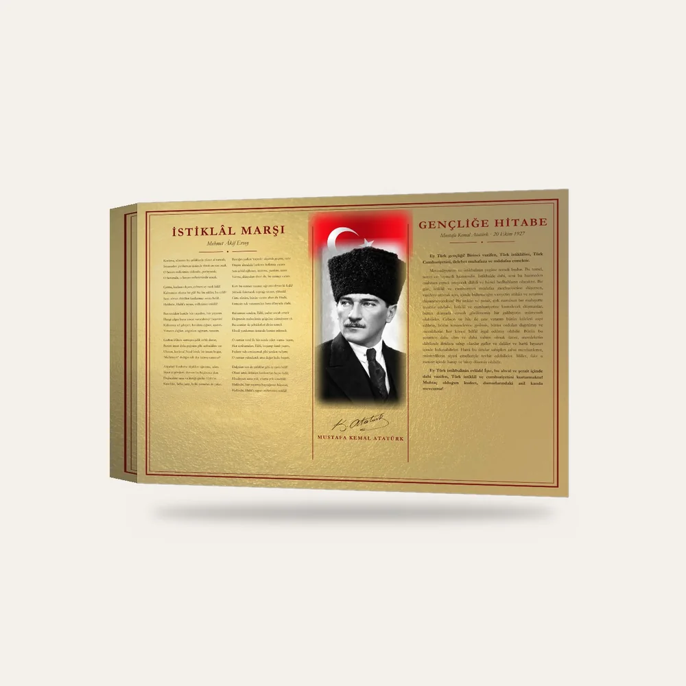 Altın Varak Zeminli Yağlı Boya Kalpaklı Atatürk Bayraklı İstiklâl Marşı ve Gençliğe Hitabe Makam Panosu — 3 boyutlu görünüm