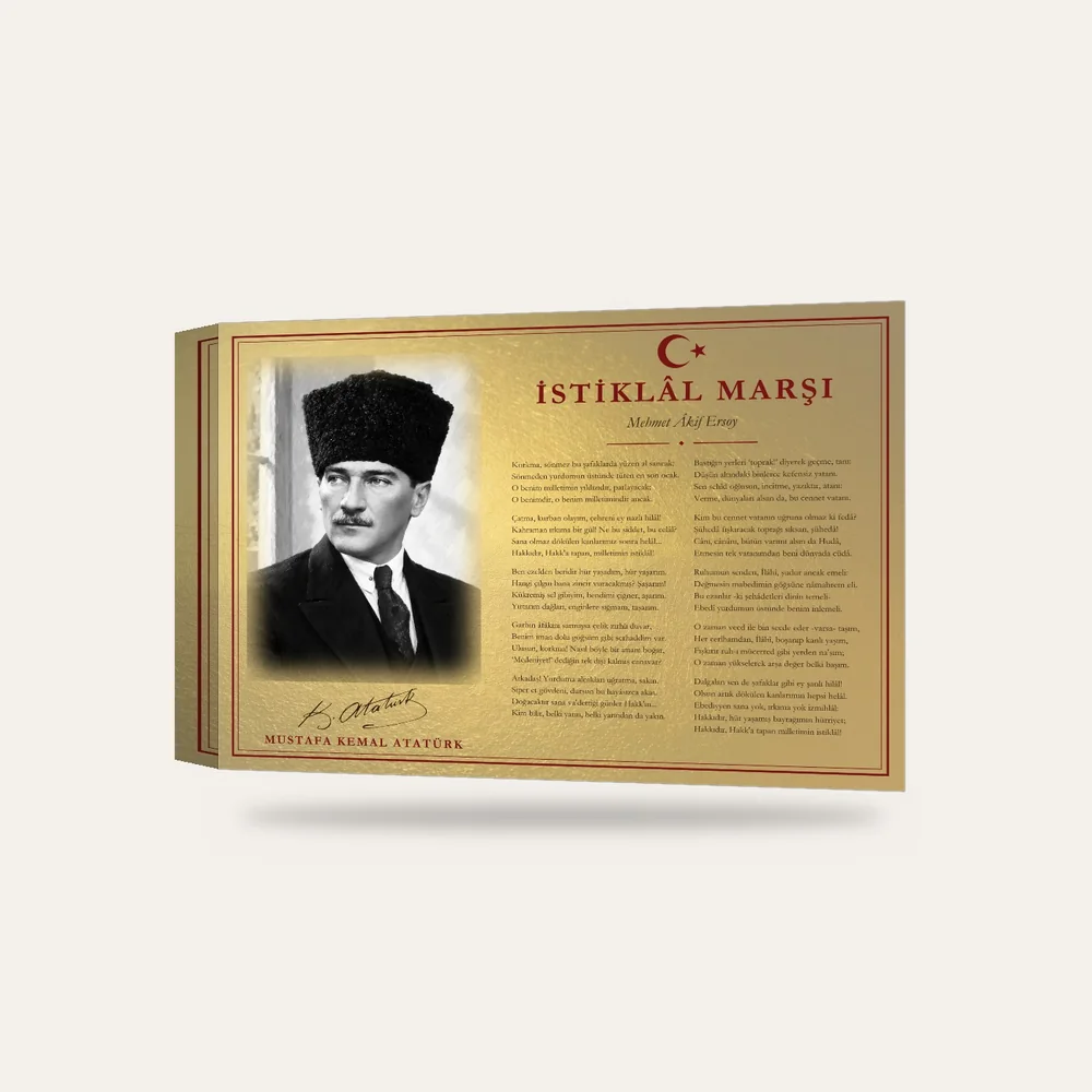 Altın Varak Zeminli Yağlı Boya Kalpaklı Atatürk İstiklâl Marşı Makam Panosu — 3 boyutlu görünüm