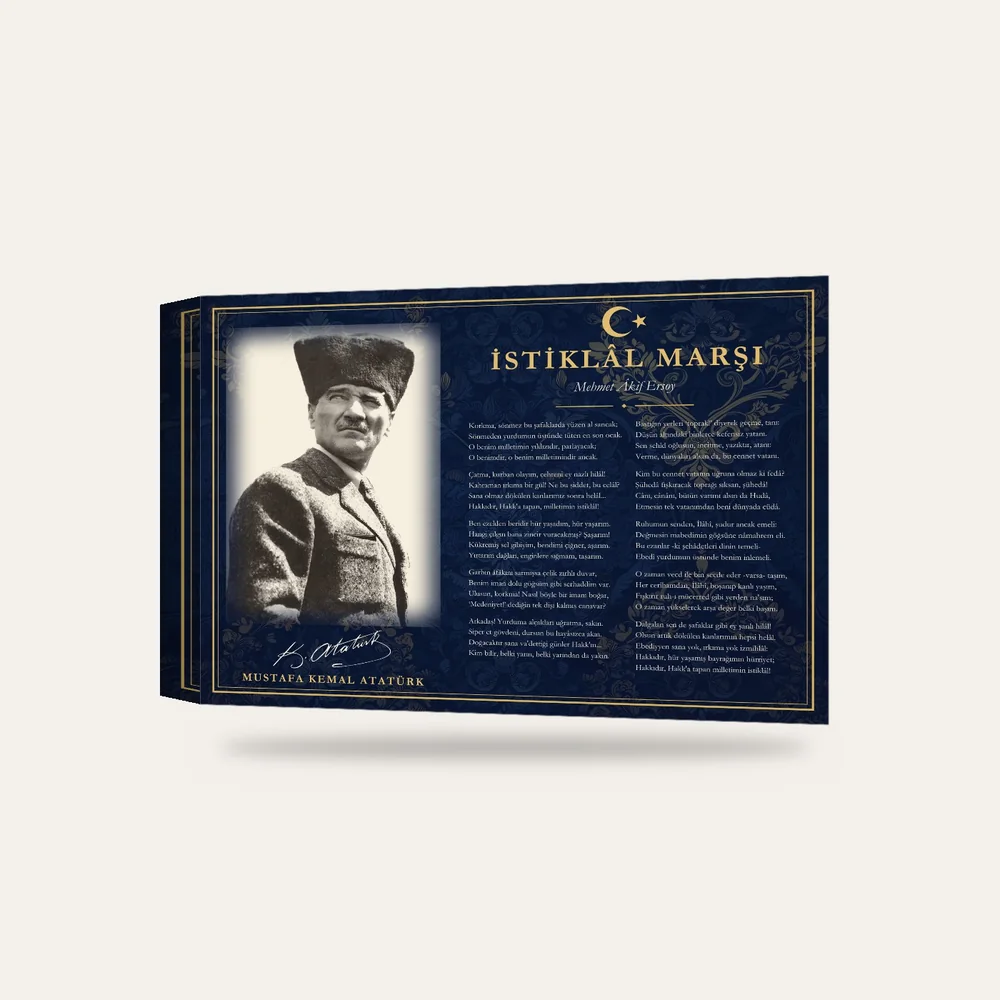 Lacivert Damask Zeminli Kalpaklı Atatürk İstiklâl Marşı Makam Panosu — 3 boyutlu görünüm