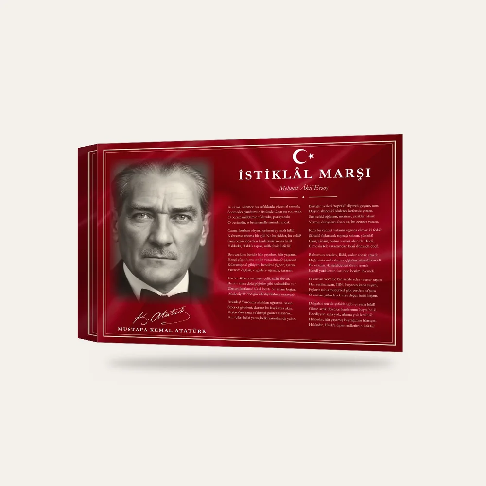 Al Bayrak Kırmızısı Zeminli Atatürk Portreli İstiklâl Marşı Makam Panosu — 3 boyutlu görünüm